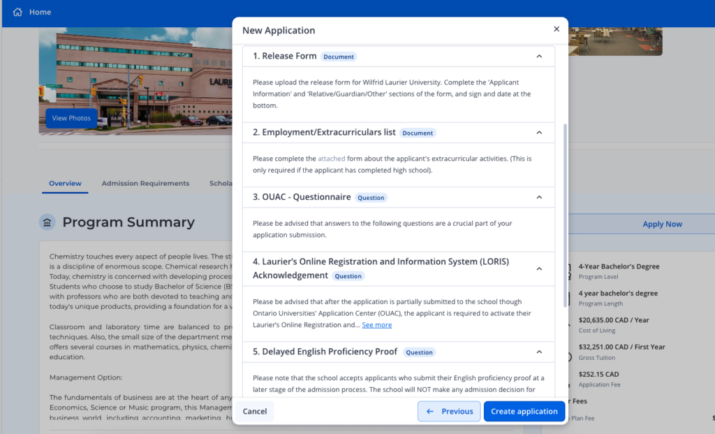 A list of requirements to apply to one program on the ApplyBoard platform.